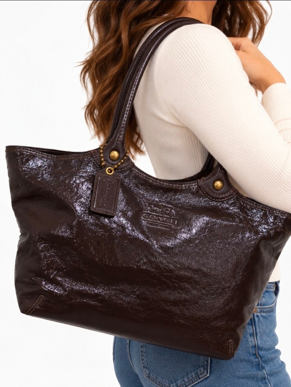 Like New! Coach 12362 Bleecker Tote Brown Patent Leather Handbag Shoulder Bag